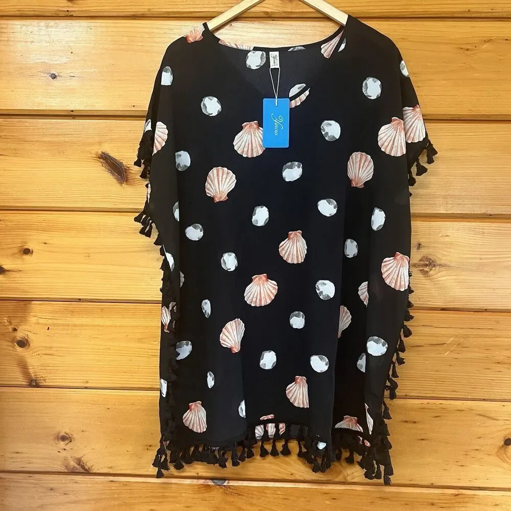 Yincro Women Swimsuit Cover Up Shirt with Tassel Beach Bathing L Black